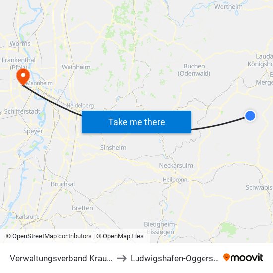 Verwaltungsverband Krautheim to Ludwigshafen-Oggersheim map