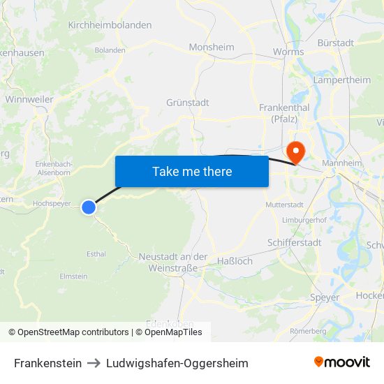 Frankenstein to Ludwigshafen-Oggersheim map
