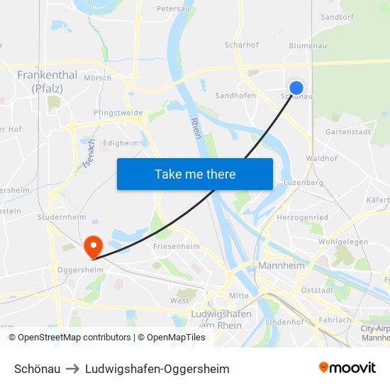 Schönau to Ludwigshafen-Oggersheim map