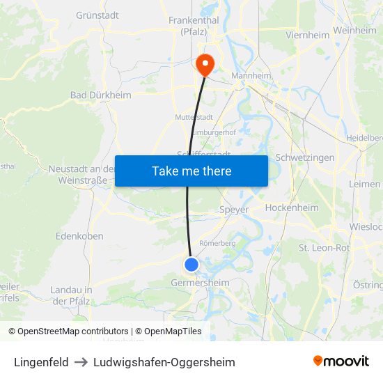 Lingenfeld to Ludwigshafen-Oggersheim map