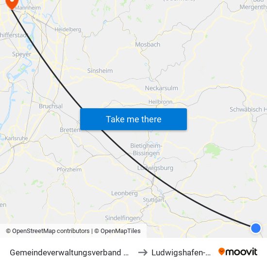 Gemeindeverwaltungsverband Mittleres Fils-Lautertal to Ludwigshafen-Oggersheim map