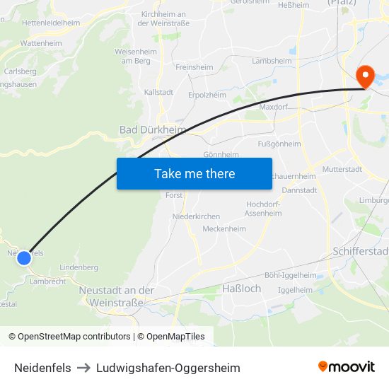 Neidenfels to Ludwigshafen-Oggersheim map