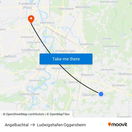 Angelbachtal to Ludwigshafen-Oggersheim map