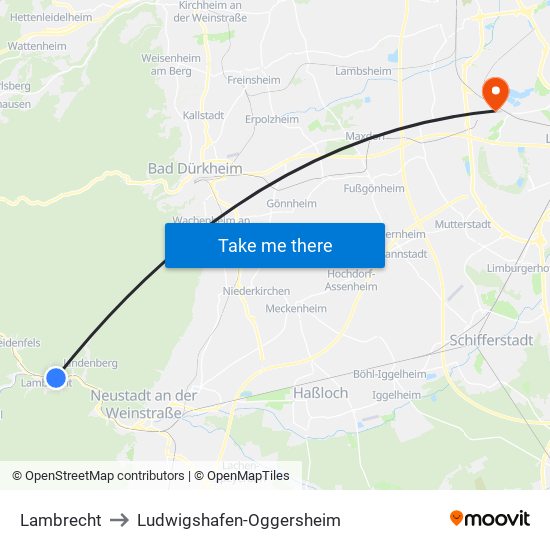 Lambrecht to Ludwigshafen-Oggersheim map