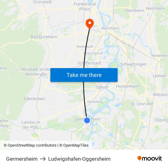 Germersheim to Ludwigshafen-Oggersheim map