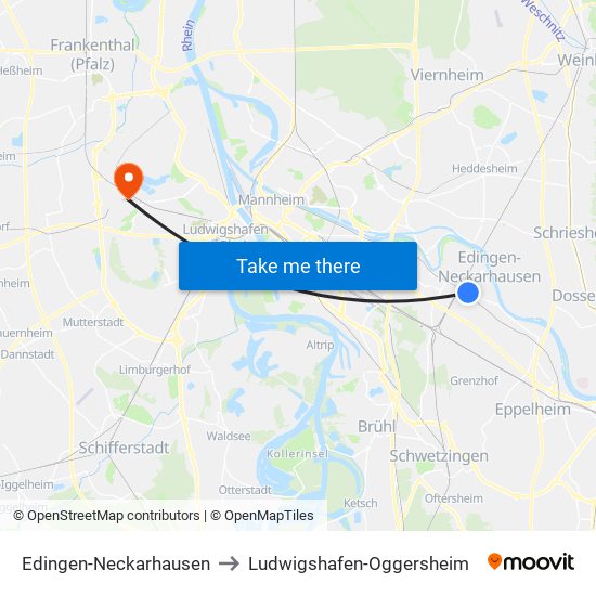 Edingen-Neckarhausen to Ludwigshafen-Oggersheim map