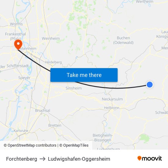 Forchtenberg to Ludwigshafen-Oggersheim map