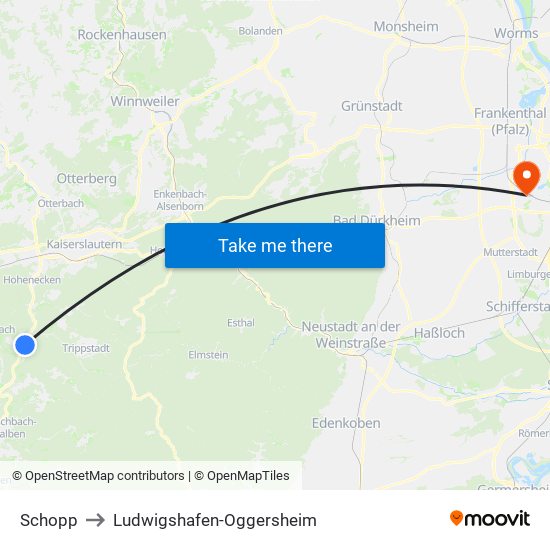 Schopp to Ludwigshafen-Oggersheim map