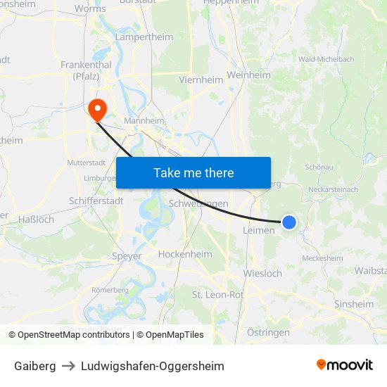 Gaiberg to Ludwigshafen-Oggersheim map