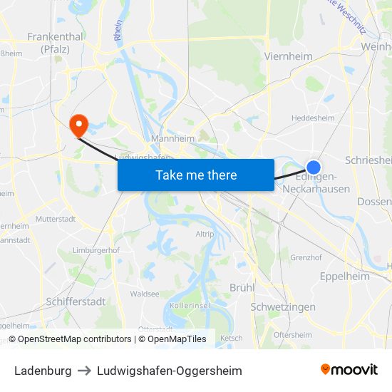 Ladenburg to Ludwigshafen-Oggersheim map