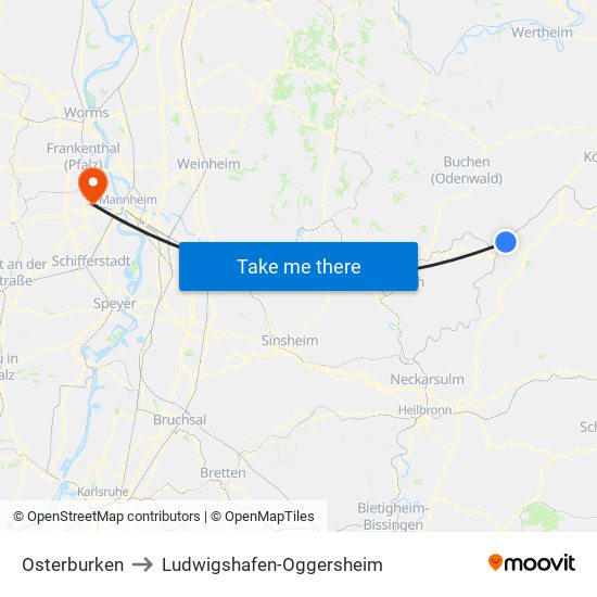 Osterburken to Ludwigshafen-Oggersheim map