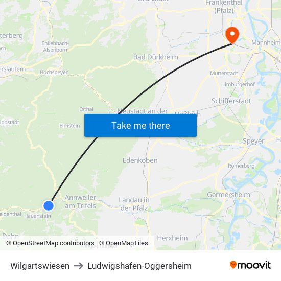 Wilgartswiesen to Ludwigshafen-Oggersheim map