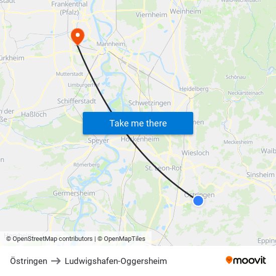 Östringen to Ludwigshafen-Oggersheim map