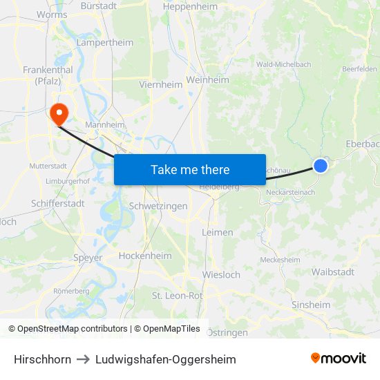 Hirschhorn to Ludwigshafen-Oggersheim map