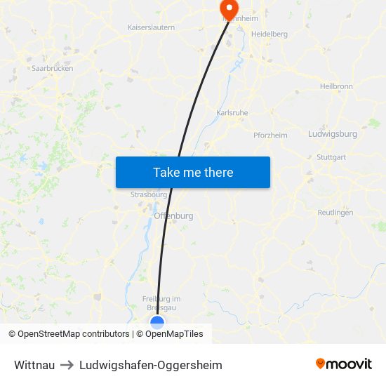 Wittnau to Ludwigshafen-Oggersheim map