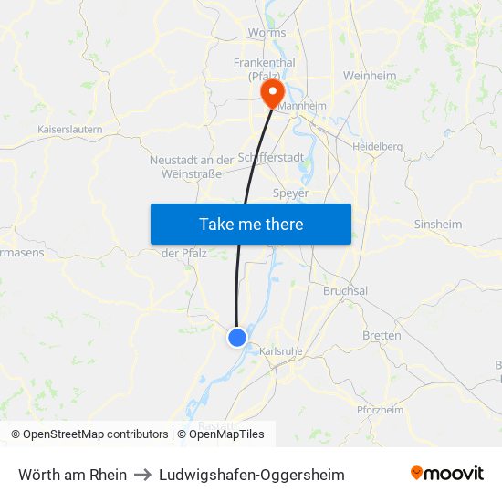 Wörth am Rhein to Ludwigshafen-Oggersheim map