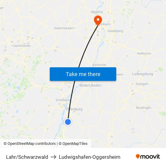 Lahr/Schwarzwald to Ludwigshafen-Oggersheim map