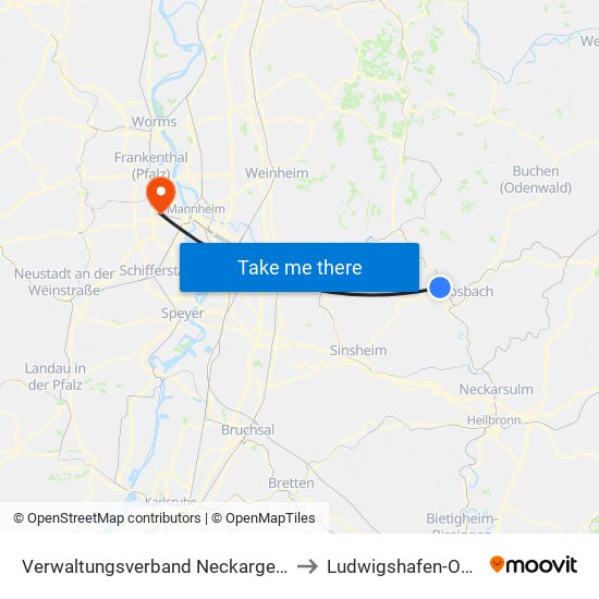 Verwaltungsverband Neckargerach-Waldbrunn to Ludwigshafen-Oggersheim map