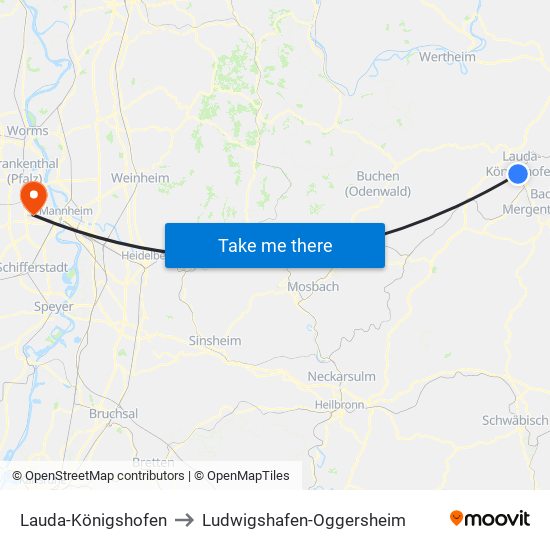 Lauda-Königshofen to Ludwigshafen-Oggersheim map