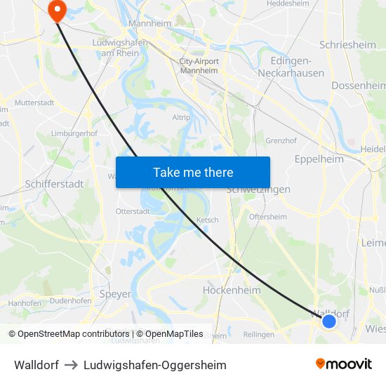 Walldorf to Ludwigshafen-Oggersheim map
