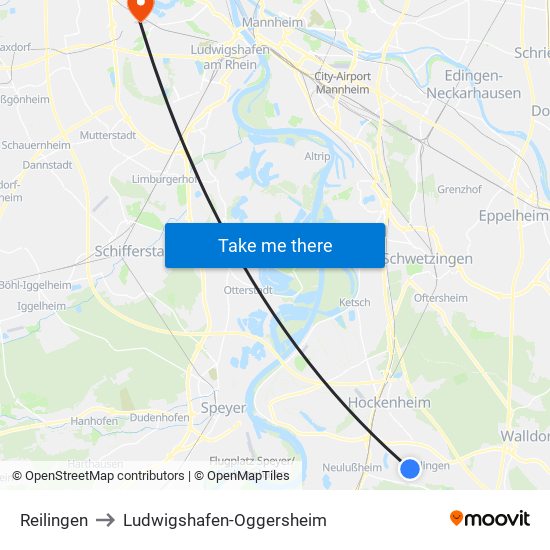 Reilingen to Ludwigshafen-Oggersheim map