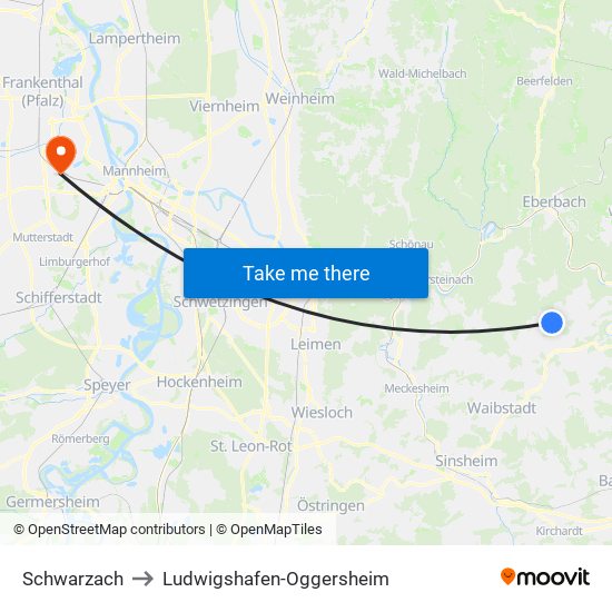 Schwarzach to Ludwigshafen-Oggersheim map