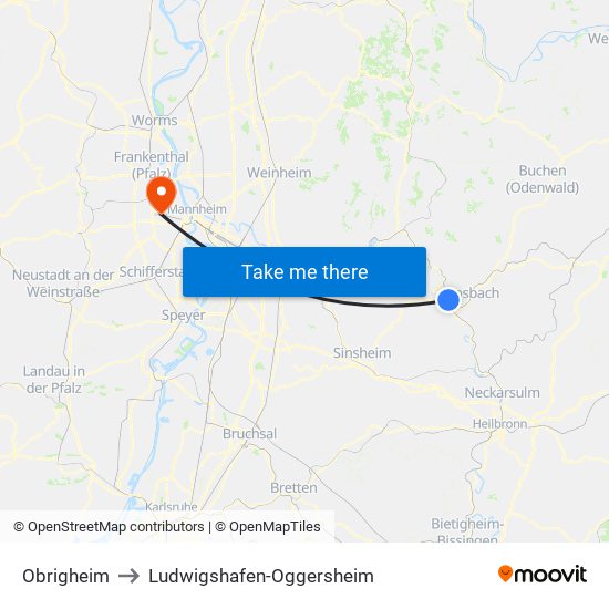 Obrigheim to Ludwigshafen-Oggersheim map