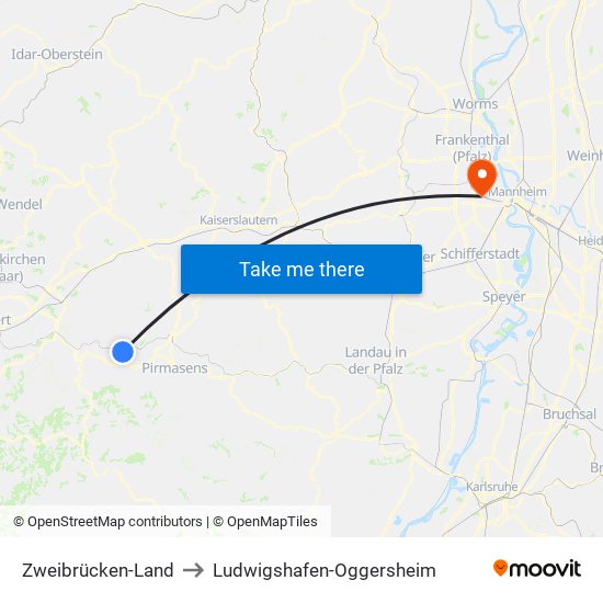 Zweibrücken-Land to Ludwigshafen-Oggersheim map