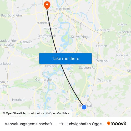 Verwaltungsgemeinschaft Bruchsal to Ludwigshafen-Oggersheim map