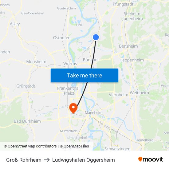 Groß-Rohrheim to Ludwigshafen-Oggersheim map