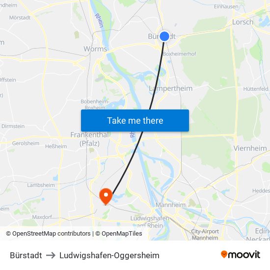 Bürstadt to Ludwigshafen-Oggersheim map