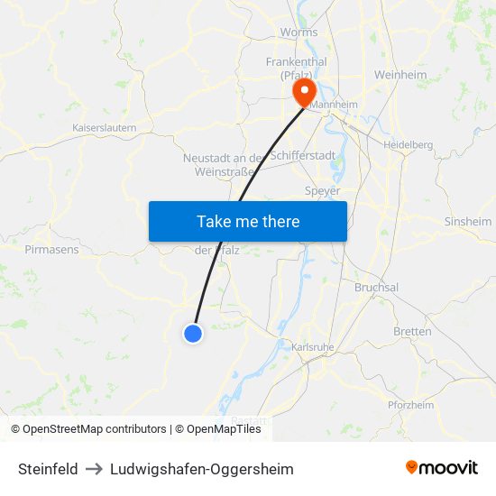 Steinfeld to Ludwigshafen-Oggersheim map