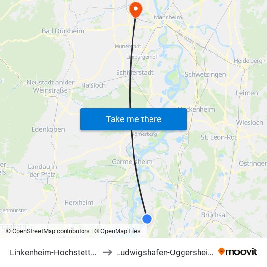 Linkenheim-Hochstetten to Ludwigshafen-Oggersheim map