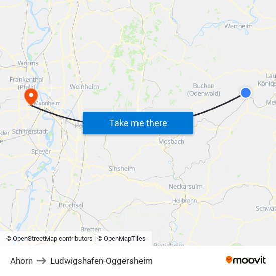 Ahorn to Ludwigshafen-Oggersheim map