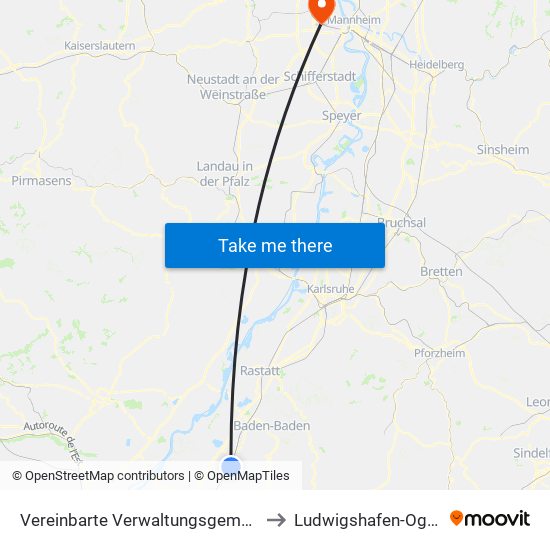 Vereinbarte Verwaltungsgemeinschaft Bühl to Ludwigshafen-Oggersheim map