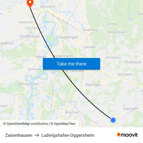 Zaisenhausen to Ludwigshafen-Oggersheim map