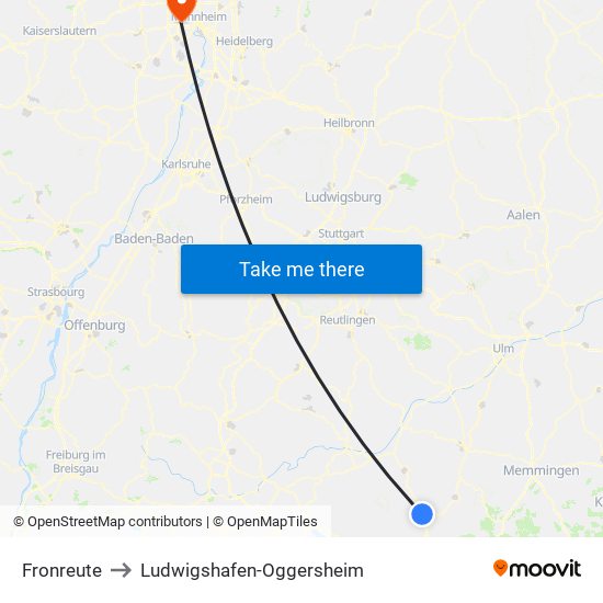 Fronreute to Ludwigshafen-Oggersheim map