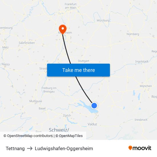 Tettnang to Ludwigshafen-Oggersheim map