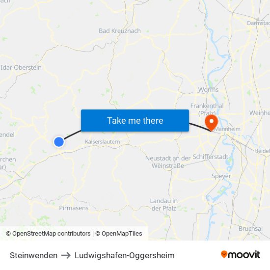 Steinwenden to Ludwigshafen-Oggersheim map