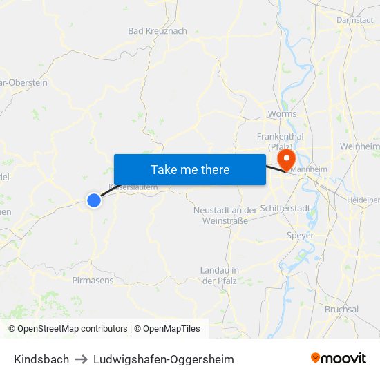 Kindsbach to Ludwigshafen-Oggersheim map