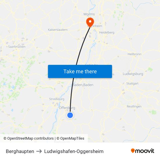 Berghaupten to Ludwigshafen-Oggersheim map