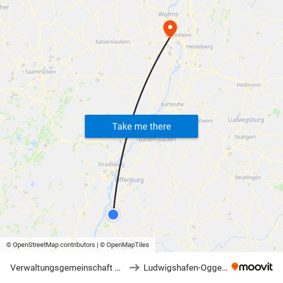 Verwaltungsgemeinschaft Ettenheim to Ludwigshafen-Oggersheim map