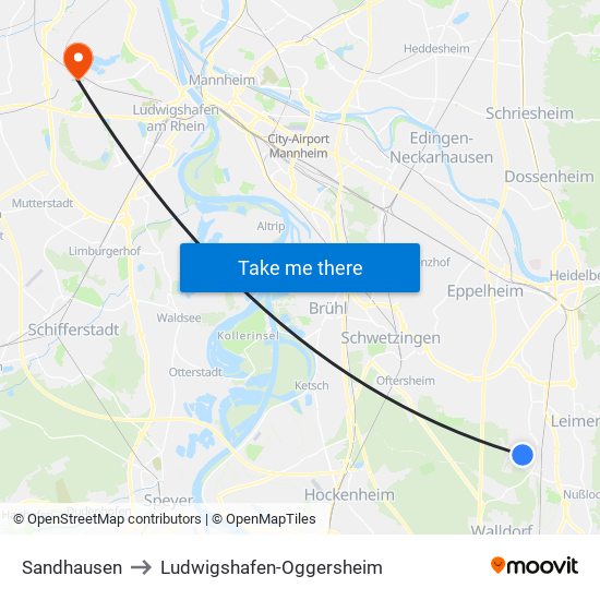 Sandhausen to Ludwigshafen-Oggersheim map