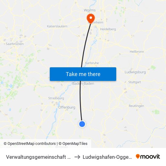 Verwaltungsgemeinschaft Wolfach to Ludwigshafen-Oggersheim map