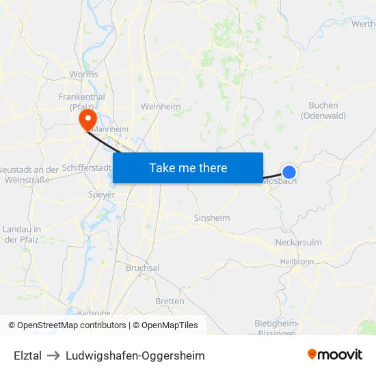 Elztal to Ludwigshafen-Oggersheim map