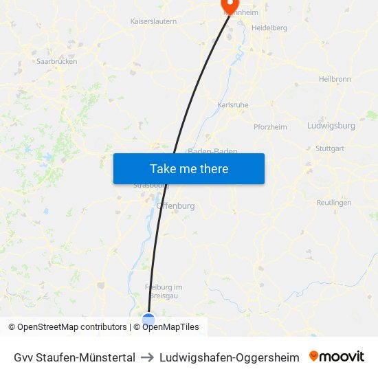 Gvv Staufen-Münstertal to Ludwigshafen-Oggersheim map