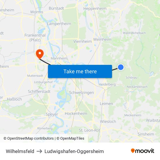 Wilhelmsfeld to Ludwigshafen-Oggersheim map