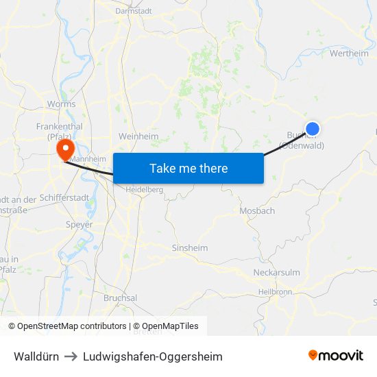 Walldürn to Ludwigshafen-Oggersheim map