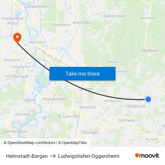 Helmstadt-Bargen to Ludwigshafen-Oggersheim map