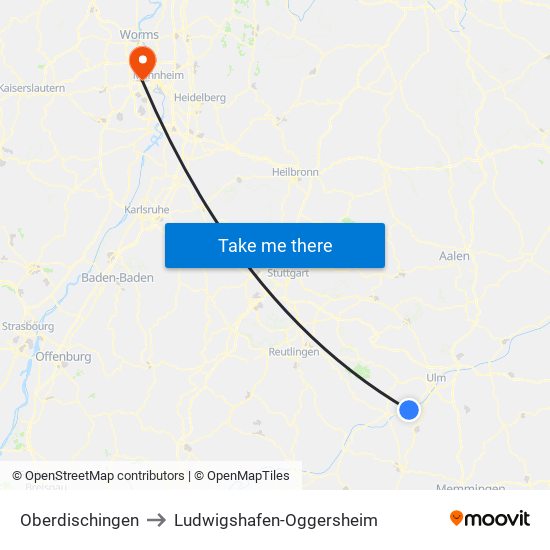 Oberdischingen to Ludwigshafen-Oggersheim map